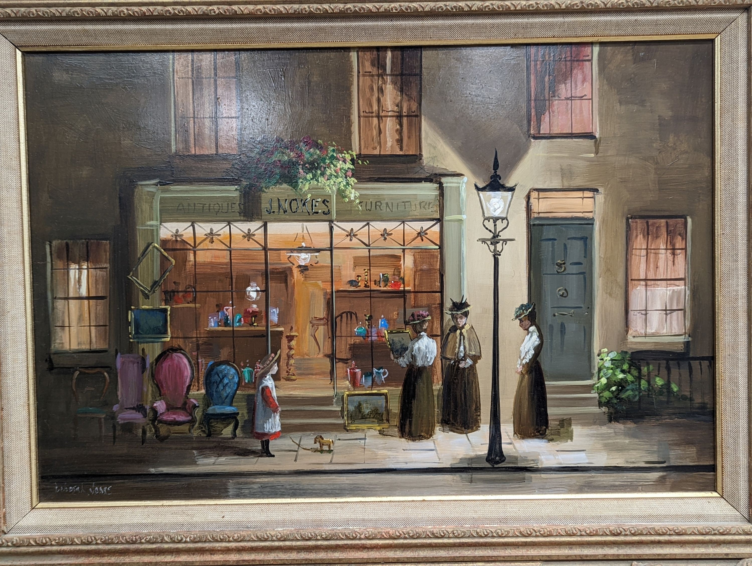 Deborah Jones (1921-2012), oil on board, Antiques shop, signed, 29 x 45cm